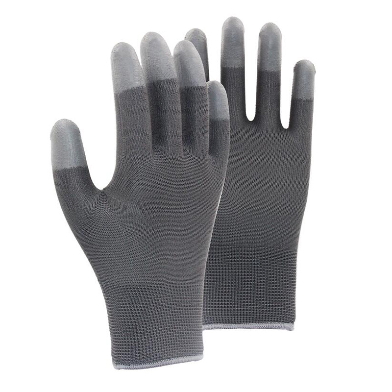 13G polyester shell PU coated gloves with finger tips