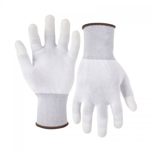 13G polyester shell PU coated gloves with finger tips