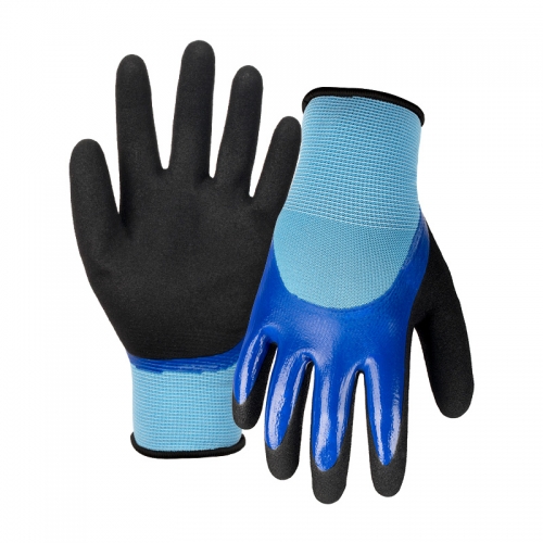 13G polyester shell nitrile sandy double coated gloves(half/thumb)