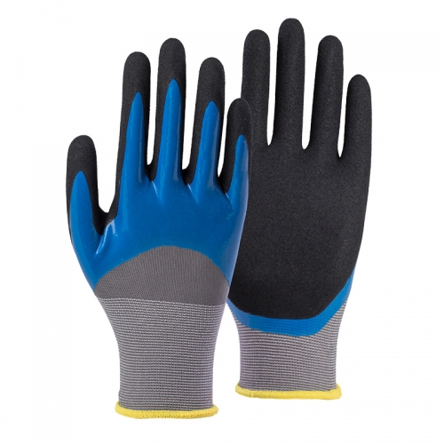 15G nylon/spandex shell nitrile sandy double coated gloves(half/palm)