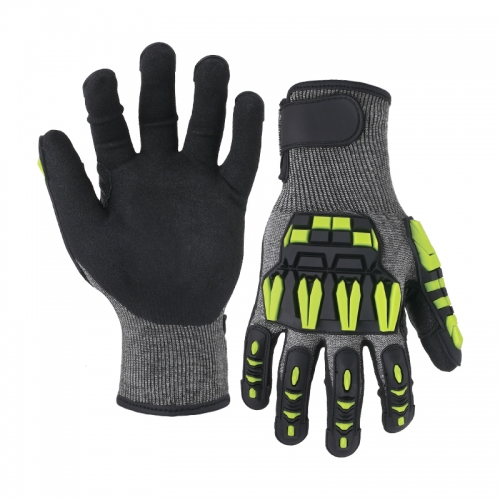 13G cut D/A4 nitrile sandy palm coated gloves with TPR-Glass Fibre