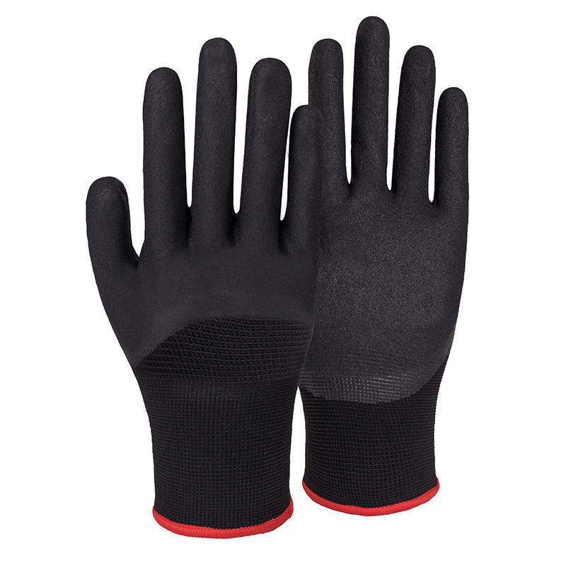 15G polyester/acrylic napping shell nitrile sandy half coated gloves