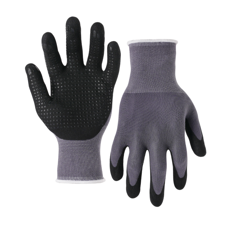 15G nylon/spandex shell nitrile sandy palm coated glove with dots