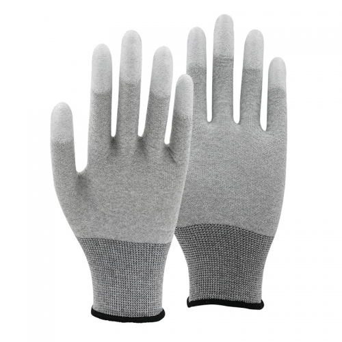 13G polyester/carbon shell PU coated gloves with finger tips