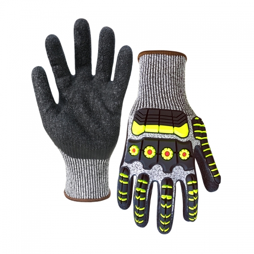 13G cut D/A4 latex crinkle palm coated gloves with sticked TPR-Glass Fibre