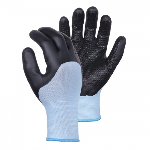 15G polyester shell DexiFoam half coated gloves with dots
