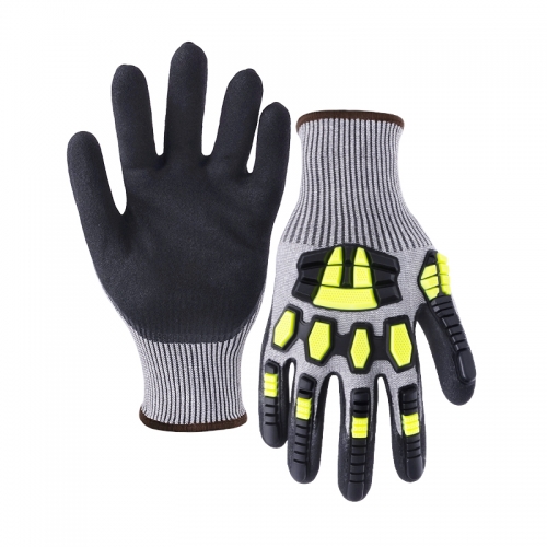 13G cut D/A4 nitrile sandy double palm coated gloves with sewing TPR-Glass Fibre