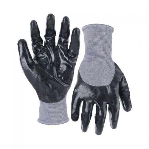 13G polyester shell nitrile smooth half coated gloves
