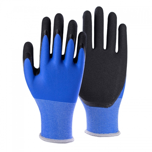 13G nylon shell with nitrile sandy double palm coated gloves