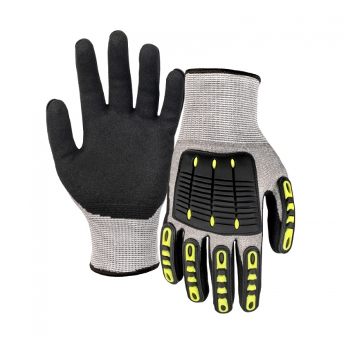 13G cut E/A5 nitrile sandy palm coated gloves with sewing TPR-Steel/Glass Fibre